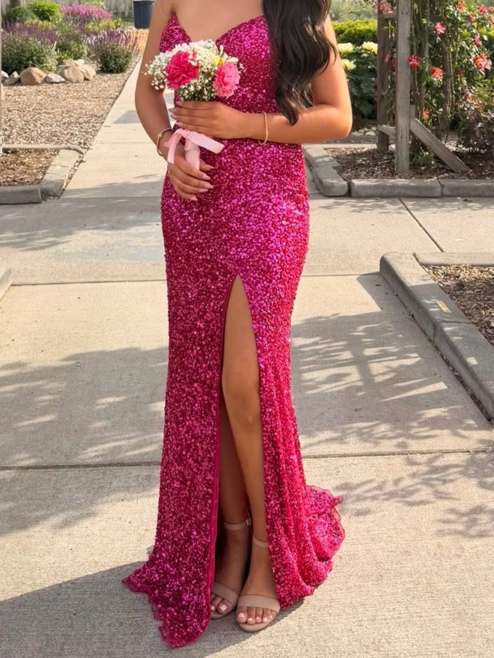 Primavera Hot Pink Sequin Prom Dress W/ Slit Size 4 WORN ONCE
